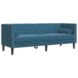 2-cz. wypoczynek Chesterfield z wałkami, niebieski, aksamit