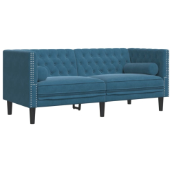 3-cz. wypoczynek Chesterfield z wałkami, niebieski, aksamit