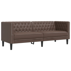 Sofa Chesterfield, 3-os., brązowa, tapicerowana sztuczną skórą