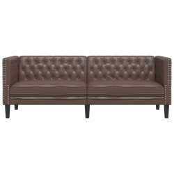 Sofa Chesterfield, 3-os., brązowa, tapicerowana sztuczną skórą