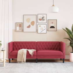 Sofa Chesterfield, 3-os., bordowa, tapicerowana sztuczną skórą