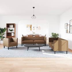 3-cz. zestaw Chesterfield, brązowy, sztuczna skóra zamszowa