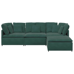 Sofa modułowa z podnóżkiem i poduszkami aksamitna ciemnozielona