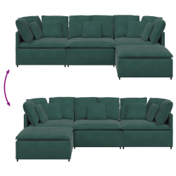Sofa modułowa z podnóżkiem i poduszkami aksamitna ciemnozielona