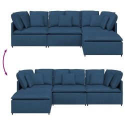 Sofa modułowa z podnóżkiem i poduszkami Tkanina niebieska