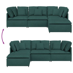 Sofa modułowa z podnóżkiem i poduszkami Tkanina Ciemnozielona