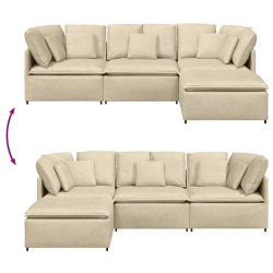 Sofa modułowa z podnóżkiem i poduszkami Tkanina kremowa