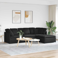 Sofa modułowa z podnóżkiem i poduszkami Tkanina czarna