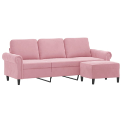 3-osobowa sofa z podnóżkiem, różowa, 180 cm, aksamitem
