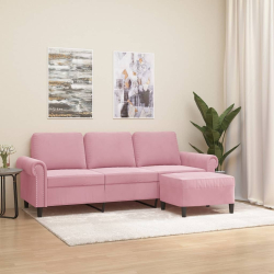 3-osobowa sofa z podnóżkiem, różowa, 180 cm, aksamitem