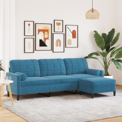 3-osobowa sofa z podnóżkiem, niebieska, 210 cm, aksamit