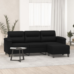 3-os. sofa z podnóżkiem, czarna, 180 cm, obita mikrofibrą