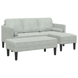 Sofa Ogrodowa z Ławką i Poduszkami w Kształcie L Jasnoszary Aksamit, Sofa 3-osobowa z Chaise w kształcie L jasnoszary 160 cm Aksamit, Ławka Jasnoszara