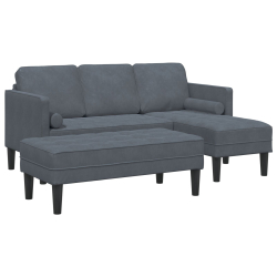 Kanapa ogrodowa z ławką i poduszkami w kształcie L ciemnoszare aksamit, Kanapa 3-osobowa z chaise w kształcie L ciemnoszare 160 cm aksamit, Ławka ciem