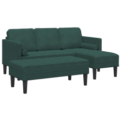Sofa ogrodowa z ławą i poduszkami w kształcie L, ciemnozielony aksamit, Sofa 3-osobowa z chaise w kształcie L, ciemnozielony 160 cm aksamit, Ławka, ci