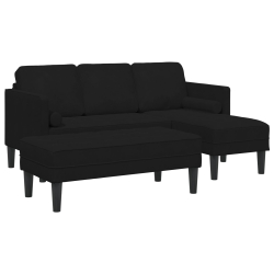 Sofa ogrodowa z ławką i poduszkami w kształcie L z czarnego weluru, Sofa 3-osobowa z leżanką w kształcie L z czarnego weluru 160 cm, Ławka czarna 113x