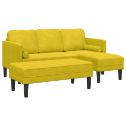Sofa ogrodowa z ławką i poduszkami w kształcie L, Żółta sofa w kształcie L 173x131x67 cm, Ławka żółta 113x57x39 cm