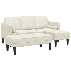 Sofa Ogrodowa z Ławką i Poduszkami L-kształtna Kremowy Welur, Sofa L-kształtna Krem 173x131x67 cm Welur, Ławka Krem 113 cm Welur