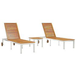 Leżaki 2 szt. z stołem z litego drewna akacjowego, Leżak z kółkami 207x58x35 cm z litego drewna akacjowego i stali nierdzewnej