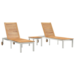 Leżaki 2 szt. z stołem z litego drewna tekowego, Leżak z kółkami 207x58x35 cm z litego drewna akacjowego i ze stali nierdzewnej