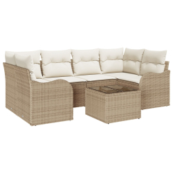 Zestaw 7-częściowych sof ogrodowych z poduszkami Beżowy Poli Rattan, Sofa dwuosobowa z poduszkami Beżowy Poli Rattan