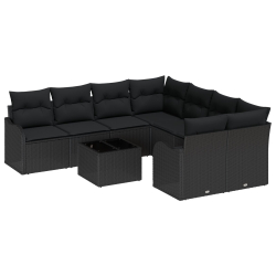 9 Częściowy Zestaw Sofy Ogrodowej z Poduszkami Czarny Poli Rattan, 2-osobowa Sofa Ogrodowa z Poduszkami Czarny Poli Rattan