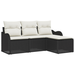 4 Częściowy Zestaw Sof Ogrodowych z Poduszkami Czarny Rattan Poliester, 2-osobowa Sofa Ogrodowa z Poduszkami Czarny Rattan Poliester