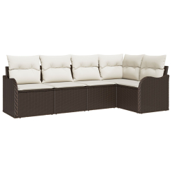 Zestaw 5-częściowy sof ogrodowych z poduszkami w brązowym poli rattan, Sofa dwuosobowa ogrodowa z poduszkami w brązowym poli rattan