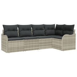 5-elementowy zestaw sofy ogrodowej z poduszkami jasnoszary rattan, Sofa ogrodowa 2-osobowa z poduszkami jasnoszary rattan