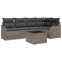 Zestaw sofy ogrodowej 5-częściowej z poduszkami czarna poli rattan, 2-osobowa sofa ogrodowa z poduszkami szara poli rattan