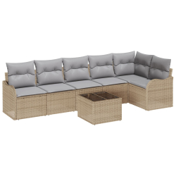 Zestaw 7-częściowy sofy ogrodowej z poduszkami czarny rattan, 2-osobowa sofa ogrodowa z poduszkami beżowy rattan