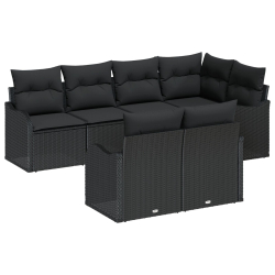 Zestaw 7-częściowy sofy ogrodowej z poduszkami Czarny Polirattan, 2-osobowa sofa ogrodowa z poduszkami Czarny Polirattan