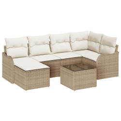 Zestaw 7 Częściowej Sofy Ogrodowej z Poduszkami Brown Poly Rattan, Sofa Ogrodowa 2-osobowa z Poduszkami Beżowy Poly Rattan