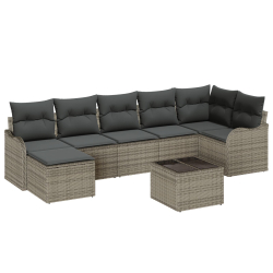 7-częściowy zestaw sof ogrodowych z poduszkami czarny rattan sztuczny, 2-osobowa sofa ogrodowa z poduszkami szary rattan sztuczny