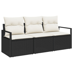 Zestaw 3-częściowy sofa ogrodowa z poduszkami Czarny Polirattan, Sofa ogrodowa 2-osobowa z poduszkami Czarny Polirattan
