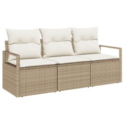 Zestaw sof ogrodowych 3-częściowy z poduszkami Beżowy Poli Rattan, Dwusekcyjna sofa ogrodowa z poduszkami Beżowy Poli Rattan