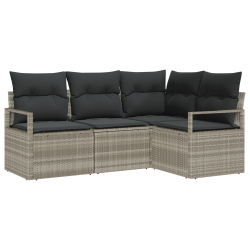 Zestaw 4-częściowy sofa ogrodowa z poduszkami Jasnoszary Polirattan, 2-osobowa sofa ogrodowa z poduszkami Szary Polirattan
