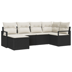 Zestaw 6-elementowy sofa ogrodowa z poduszkami Czarny Polirattan, 2-osobowa sofa ogrodowa z poduszkami Czarny Polirattan