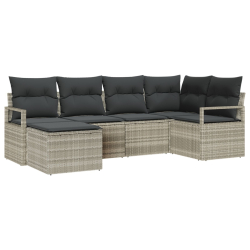 6-częściowy zestaw sof ogrodowych z poduszkami jasnoszary poly rattan, 2-osobowa sofa ogrodowa z poduszkami szara poly rattan