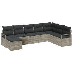 Zestaw sof ogrodowych 8 Elementów z Poduszkami Jasnoszary Poli Rattan, Dwumiejscowa sofa ogrodowa z poduszkami Szary Poli Rattan