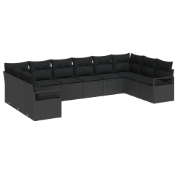 10-częściowy zestaw sofy ogrodowej z poduszkami czarny poli rattan, 2-osobowa sofa ogrodowa z poduszkami czarny poli rattan