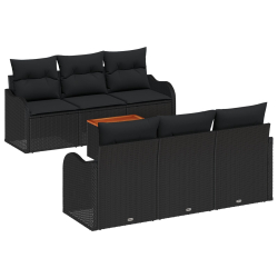 Zestaw 7-elementowy Sofy Ogrodowej z Poduszkami Czarny Rattan Akacja, Sofa Ogrodowa 2-osobowa z Poduszkami Czarny Rattan Poli