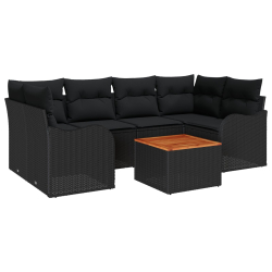 7 częściowy zestaw sof ogrodowych z poduszkami czarny poli rattan, Dwuosobowa sofa ogrodowa z poduszkami czarny poli rattan