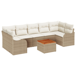 Zestaw 8-częściowej sofy ogrodowej z poduszkami Beżowy Poli Rattan Akacja, Dwuosobowa sofa ogrodowa z poduszkami Beżowy Poli Rattan
