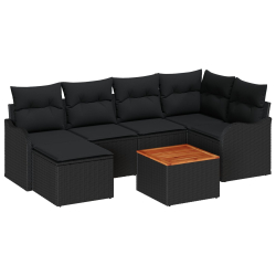 Zestaw sof ogrodowych z poduszkami Czarny Poli Rattan Akacja, Sofa ogrodowa 2-osobowa z poduszkami Czarny Poli Rattan