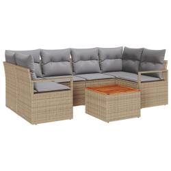 Zestaw 7-częściowy sof ogrodowych z poduszkami Beżowy Rattan Polipropylenowy Akacja, Dwuosobowa sofa ogrodowa z poduszkami Beżowy Rattan Polipropyleno