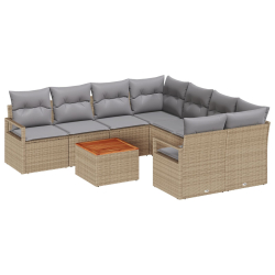9-częściowy zestaw sof ogrodowych z poduszkami beżowy poli rattan akacja, 2-osobowa sofa ogrodowa z poduszkami beżowy poli rattan