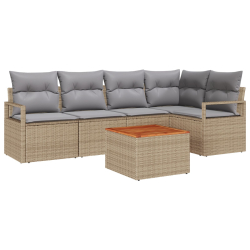 6-częściowy Zestaw Sofy Ogrodowej z Poduszkami Beżowy Poli Rattan Akacja, 2-osobowa Sofa Ogrodowa z Poduszkami Beżowy Poli Rattan