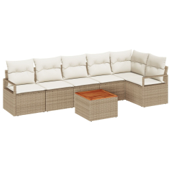 Zestaw sofy ogrodowej w 7 częściach z poduszkami Beżowy Poli Rattan Akacja, Dwuosobowa sofa ogrodowa z poduszkami Beżowy Poli Rattan