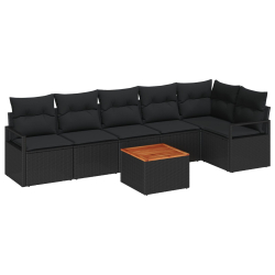 Zestaw kanap ogrodowych 7 części z poduszkami czarny poli rattan akacja, Dwuosobowa sofa ogrodowa z poduszkami czarna poli rattan